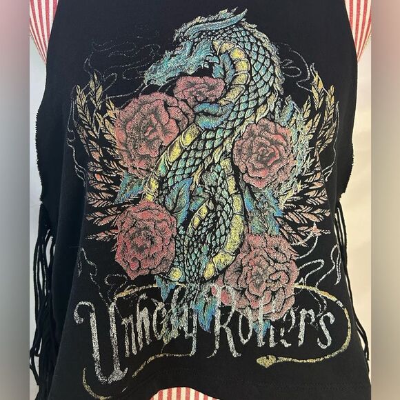 Urban Outfitters Black Top Fringe Dragon Indie Grunge Alternative NWT Size Small - Picture 5 of 11
